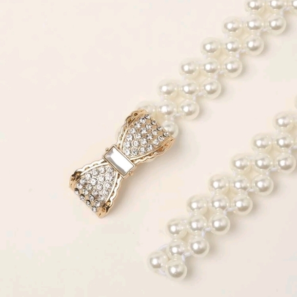 Pearl Bow Stretch Bridal event waist Belt Faux Pearls Feminine Coquette OS - Picture 9 of 10